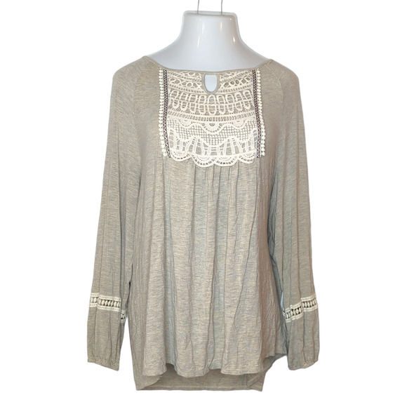 ONE WORLD Tops - ONE WORLD Cream Grey Boho Knit Top Crochet Detail Women's Plus 2x